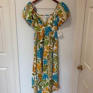 Japna Midi Dress Off white blue green Floral Size XS NWT Puffy Sleeves Linen